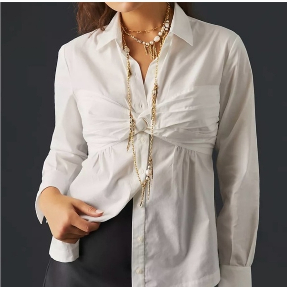 Anthropologie Maeve 100% Cotton White Cinched Button-Up Shirt Size Small